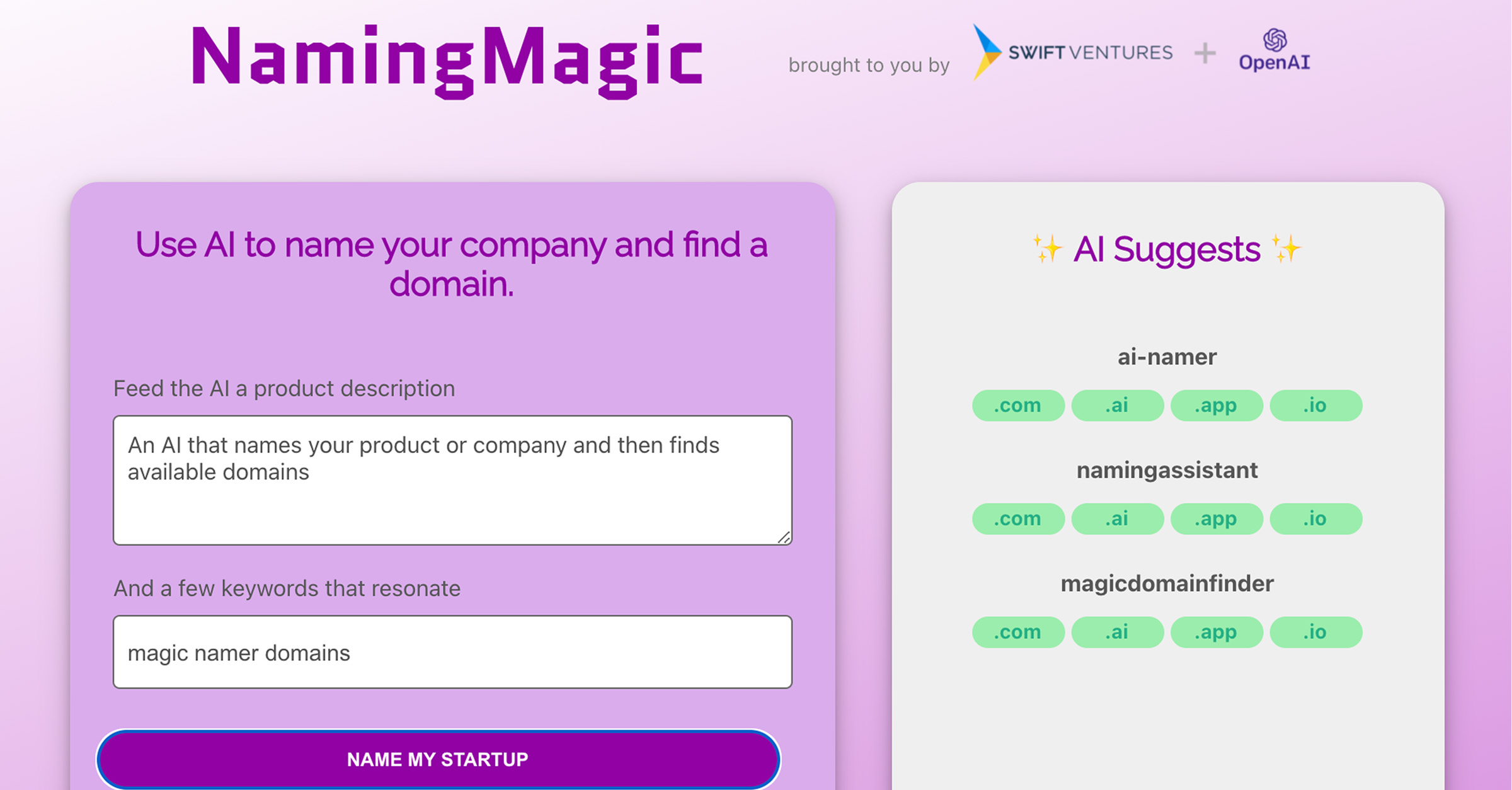 Naming Magic - Use AI to name your company name and find a ...
